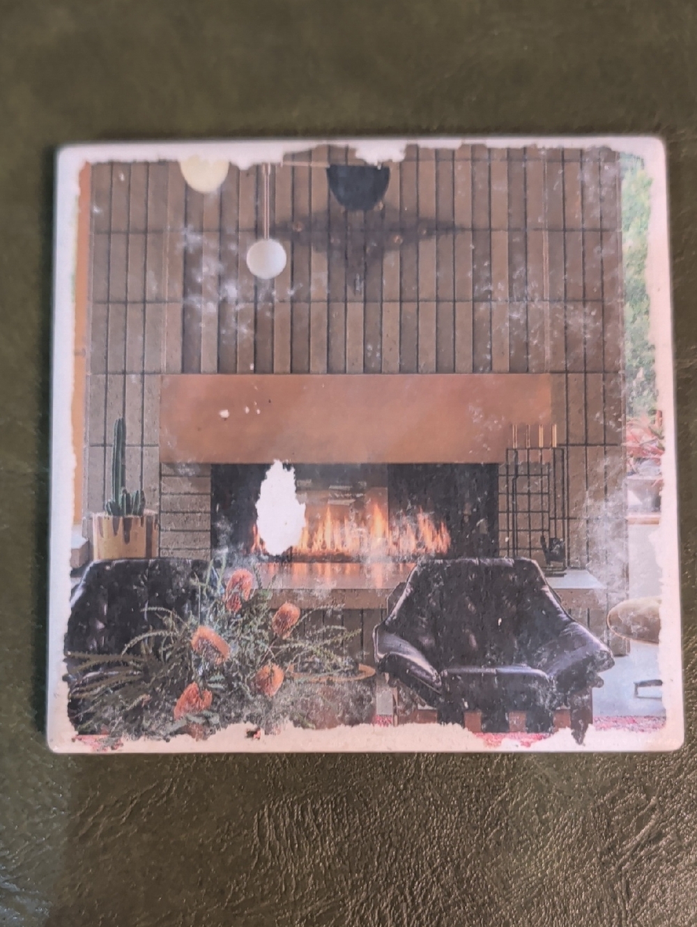 Mid-Century Living Room Art Tile Coaster - Fireplace Scene MCM Handcrafted
